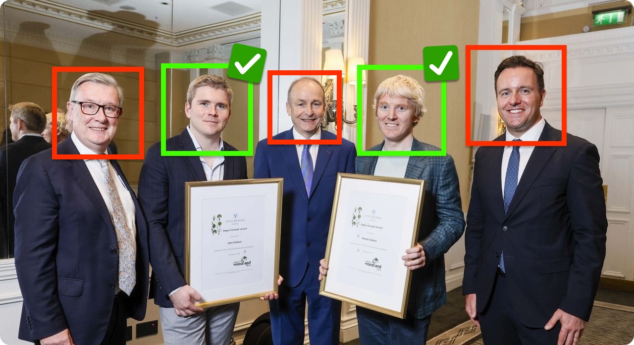 A photo of the Stripe cofounders with detection boxes drawn around Patrick and John Collison.