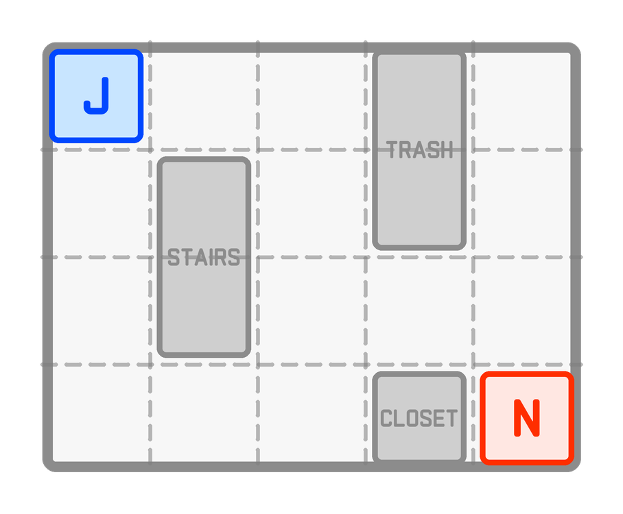 The same floor plan with a dashed gray grid laid over it, dividing the floor into four rows and five columns of equal cells