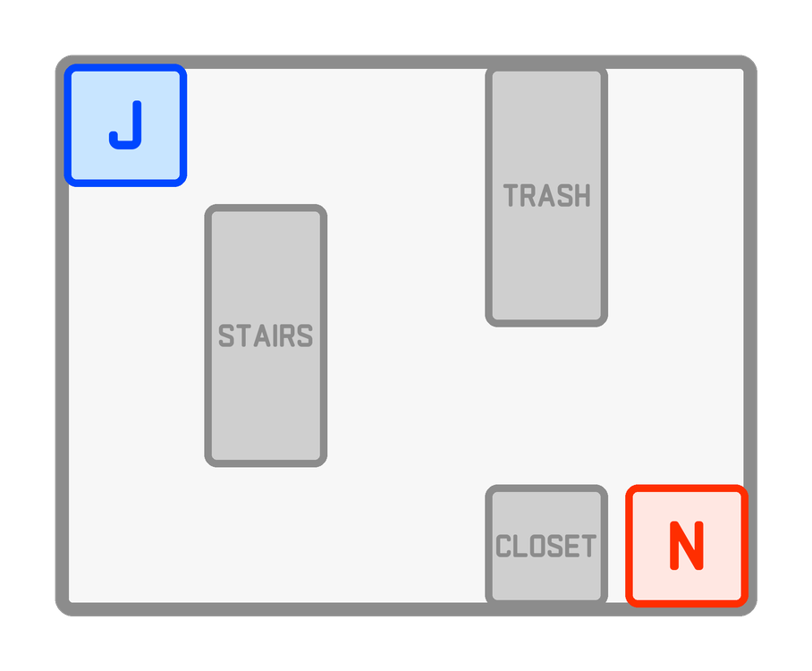 A floor plan of the fourth floor. Jerry's apartment is a blue room in the top-left corner and Newman's is a red room in the bottom-right. A stairwell, a trash room, and a closet sit in the middle of the open hallway