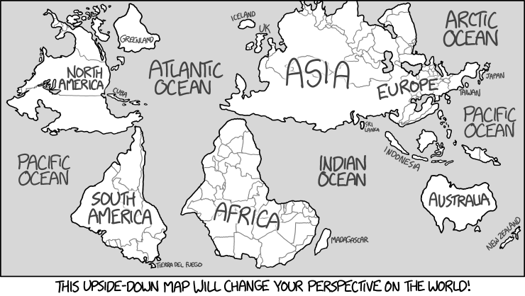 An XKCD map with each continent turned upside down while staying in roughly the same location, captioned "This upside-down map will change your perspective on the world!"