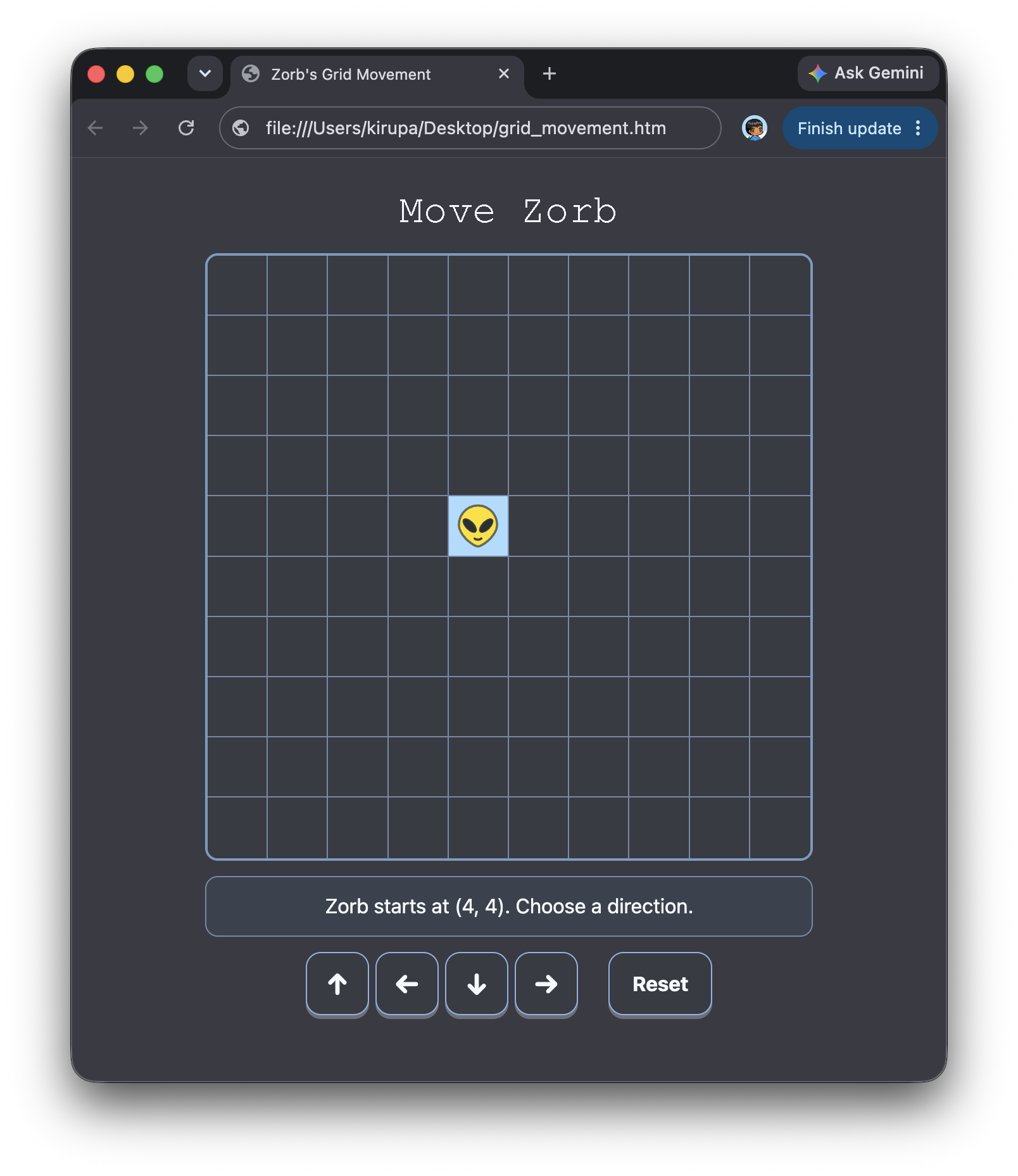 Starter page in a desktop browser showing the Move Zorb heading, Zorb at (4, 4) in a 10 by 10 grid, a status message, four arrow buttons, and a Reset button.