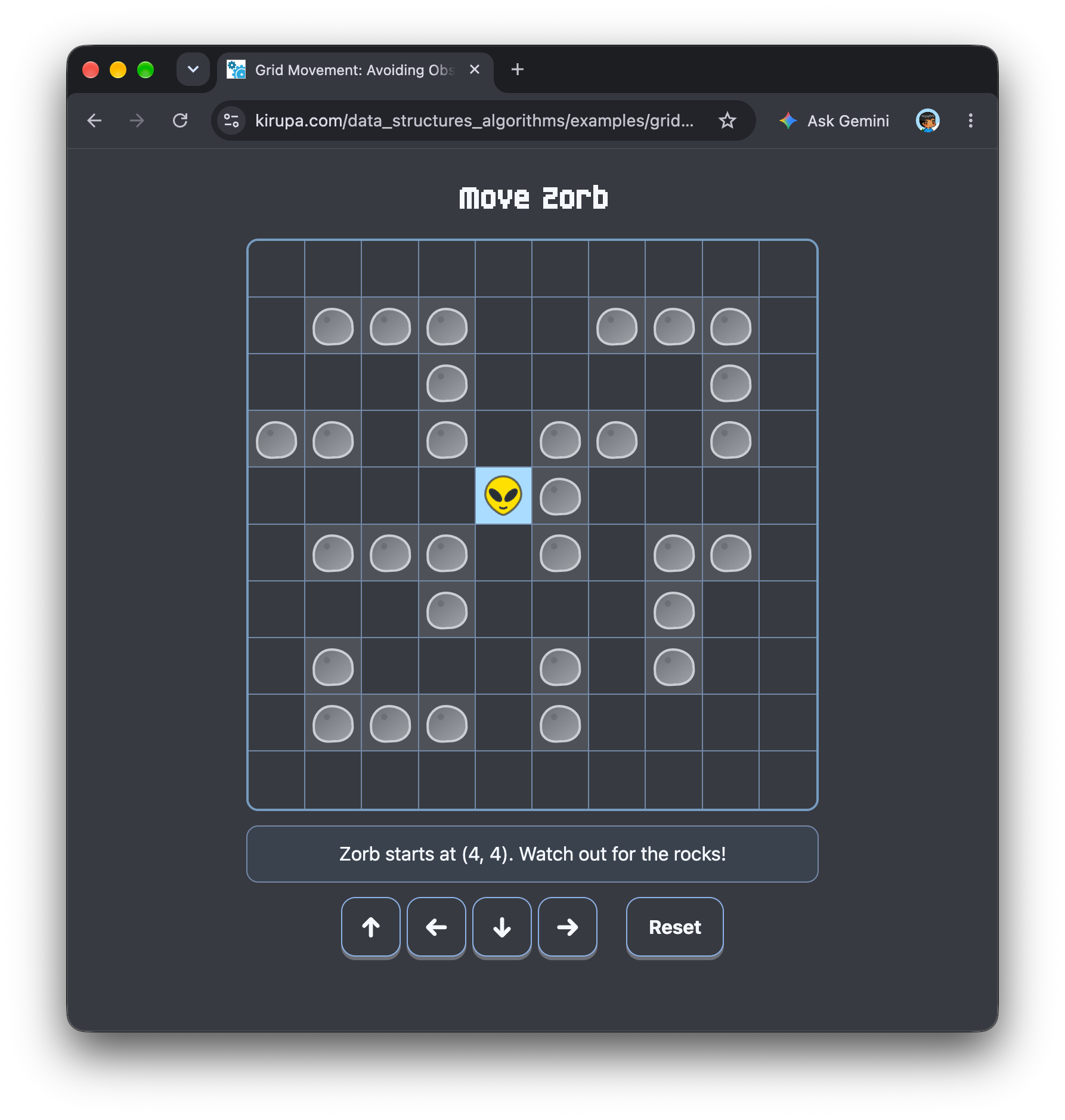 A browser window shows Zorb at (4, 4) in a 10 by 10 grid containing rock obstacles, followed by a status message, four direction buttons, and a Reset button.