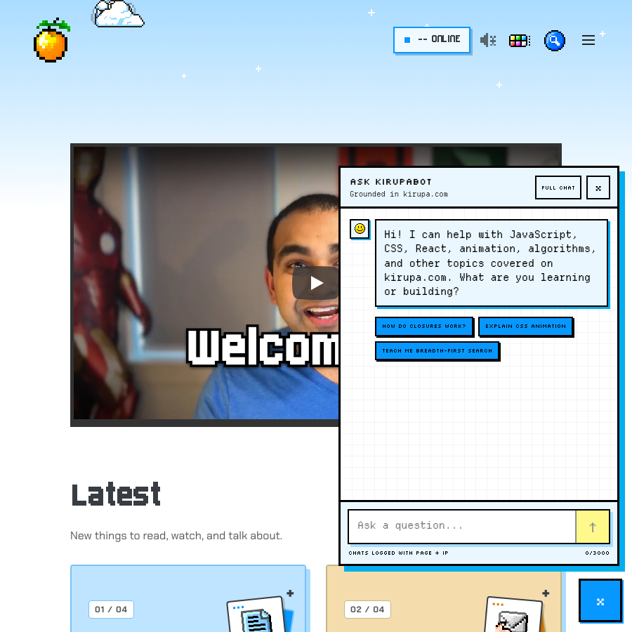 The real kirupaBot welcome panel over the homepage, with suggested questions, a composer, and the logging disclosure. No message was sent.