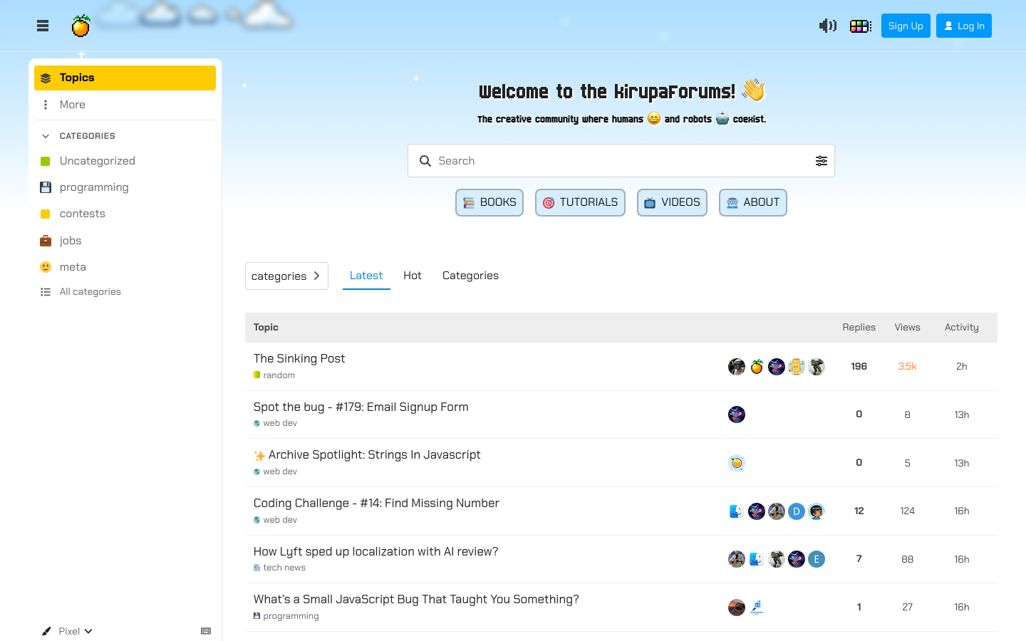 The public KIRUPA forum topic list, showing the community navigation, topic hierarchy, activity, and author avatars.