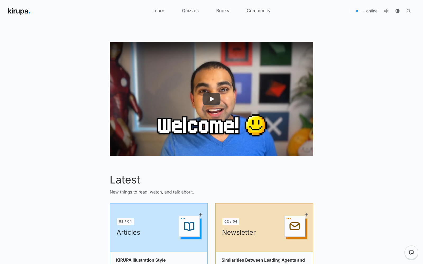 The kirupa.com homepage in Minimal, Blue palette, light mode.