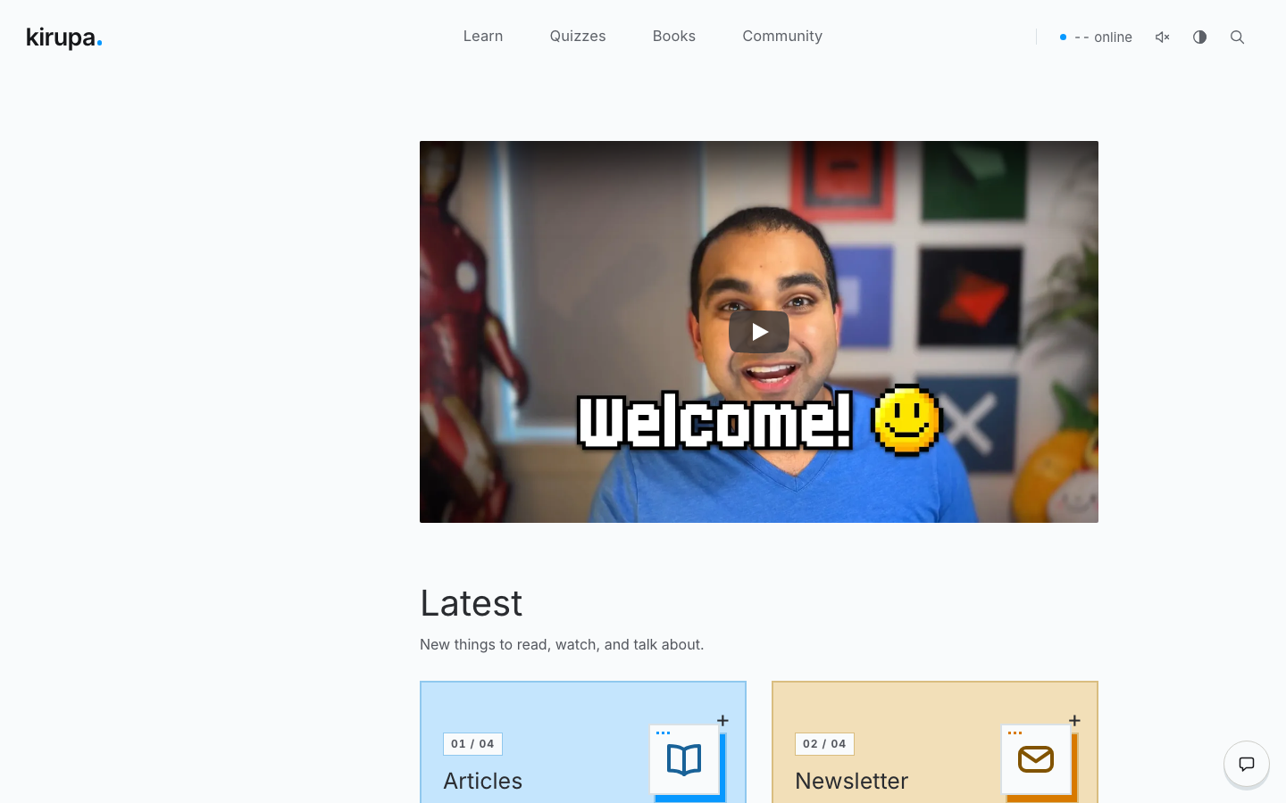 The kirupa.com homepage in Minimal, Blue palette, light mode.