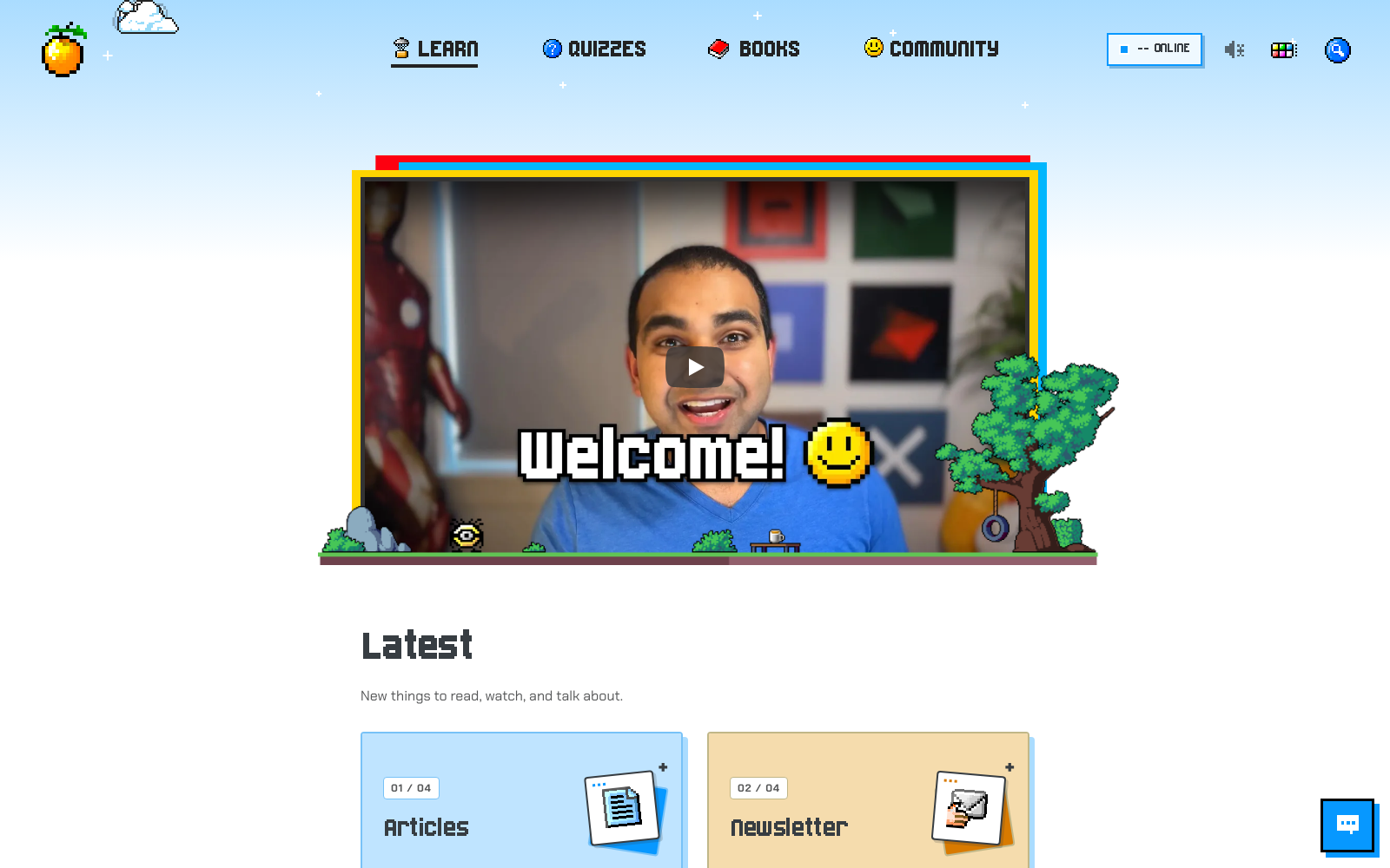 The kirupa.com homepage in Pixel, Blue palette, light mode.