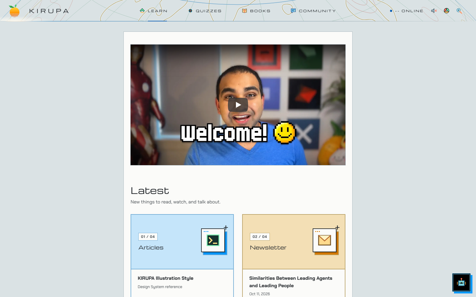 The kirupa.com homepage in Sci-Fi, Blue palette, light mode.