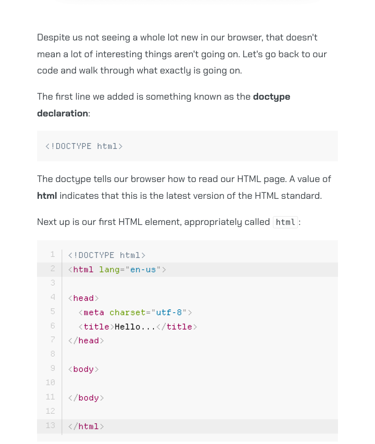 A passage from Building Your First Interactive Web Page, with code identifiers kept in the explanation.