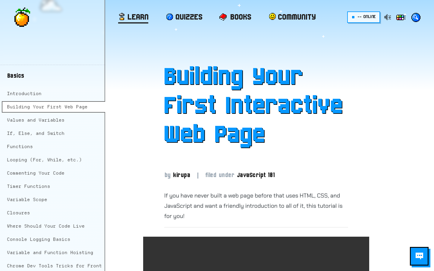 The native tutorial header, left navigation, article title, and Filed under metadata on Building Your First Interactive Web Page.