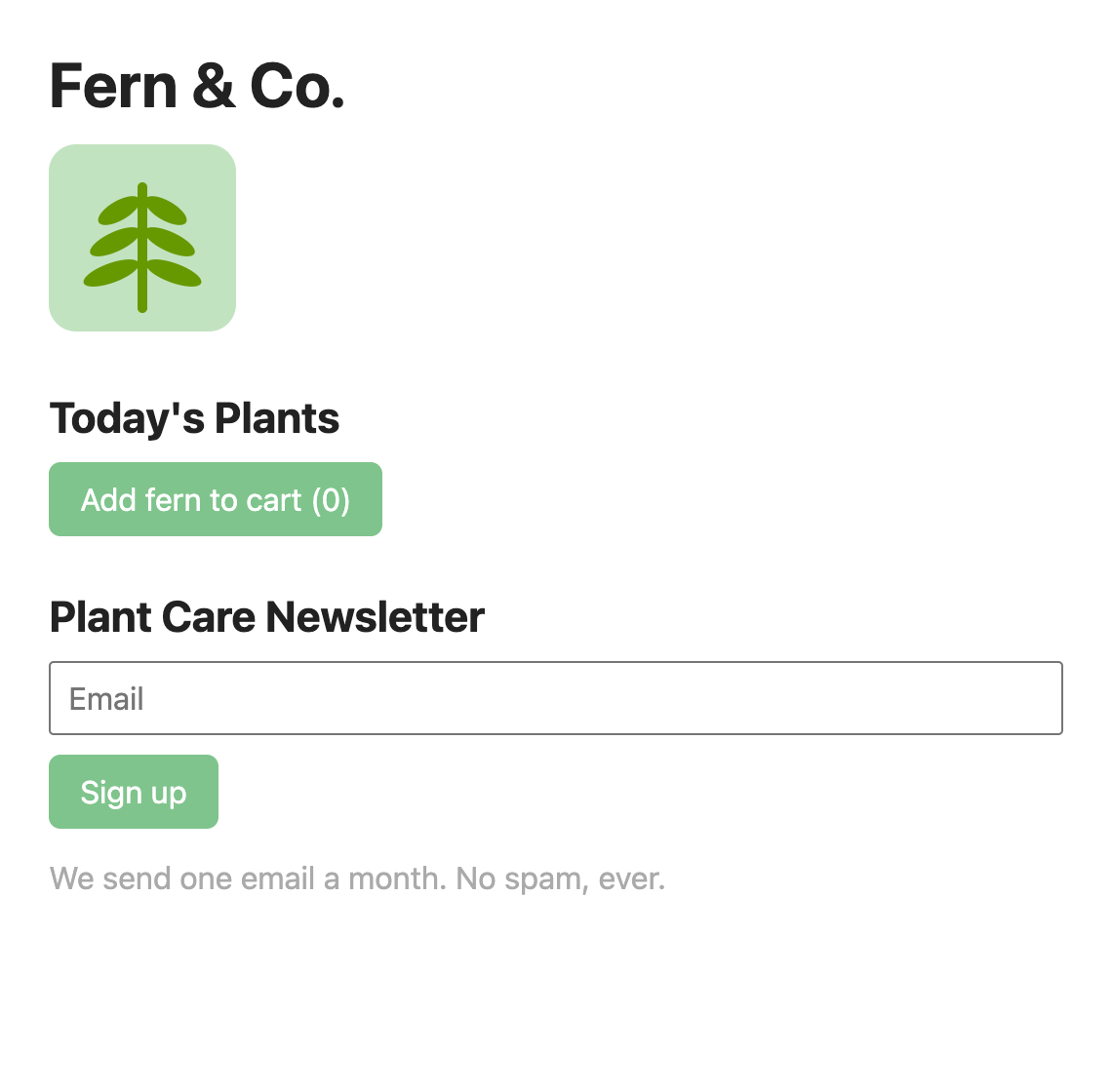 A web page titled Fern and Co. with a fern image, an Add fern to cart button, an Email text box, a Sign up button, and some light gray text underneath.