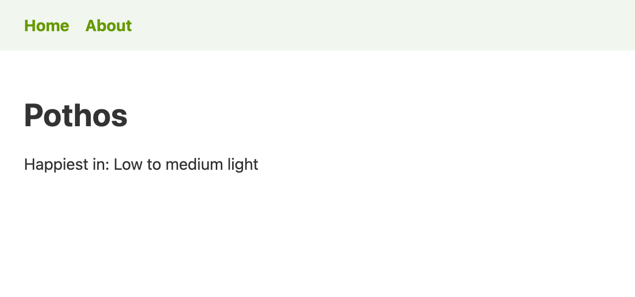 The Leafy app showing a navigation bar with Home and About links, and a page with the heading Pothos and the text Happiest in: Low to medium light.