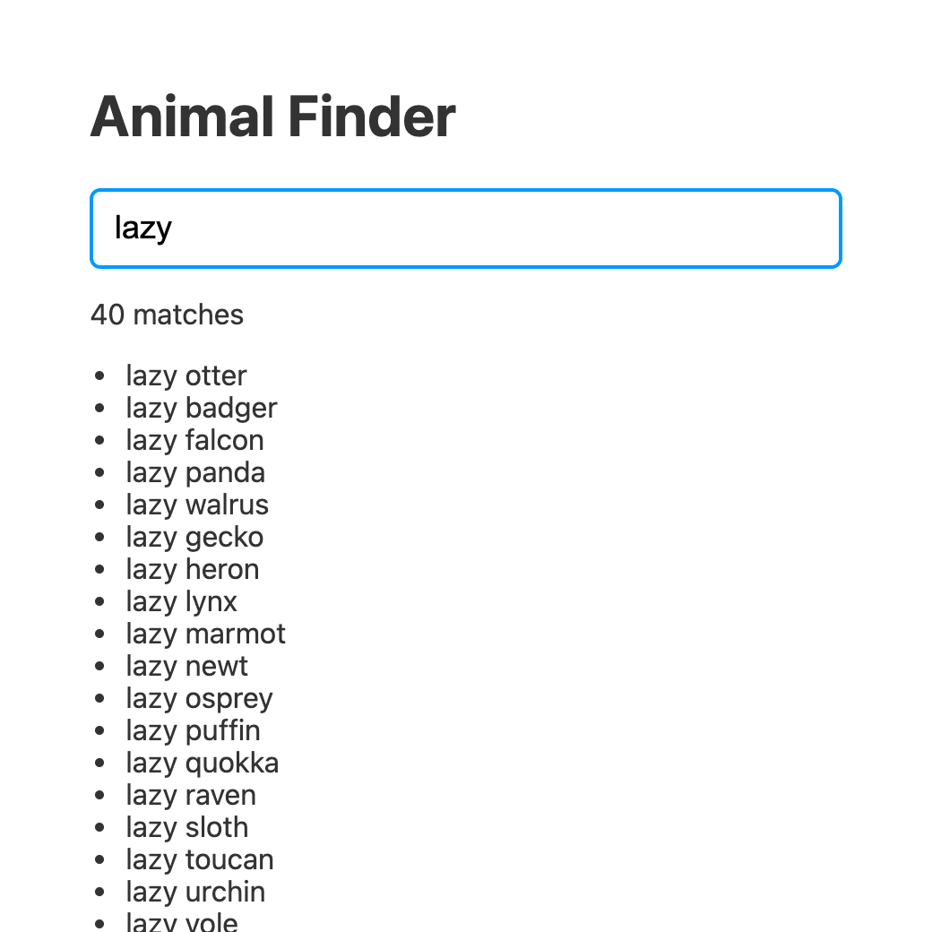 The Animal Finder app with the word lazy typed into the text field, showing 40 matches and the start of a list of lazy animals.