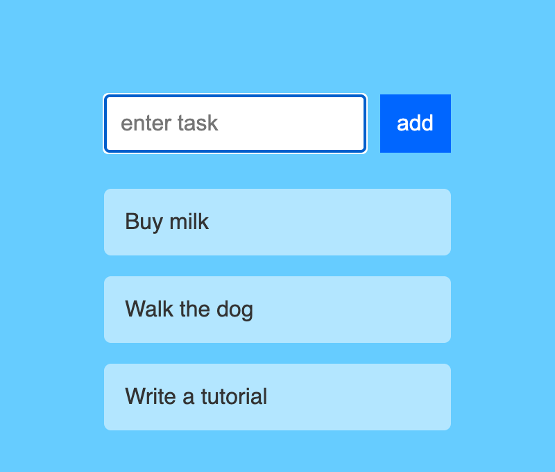 A styled todo list with a blue add button and three rounded, semi-transparent white items