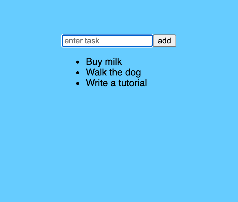An unstyled todo list showing three bulleted items under the text field
