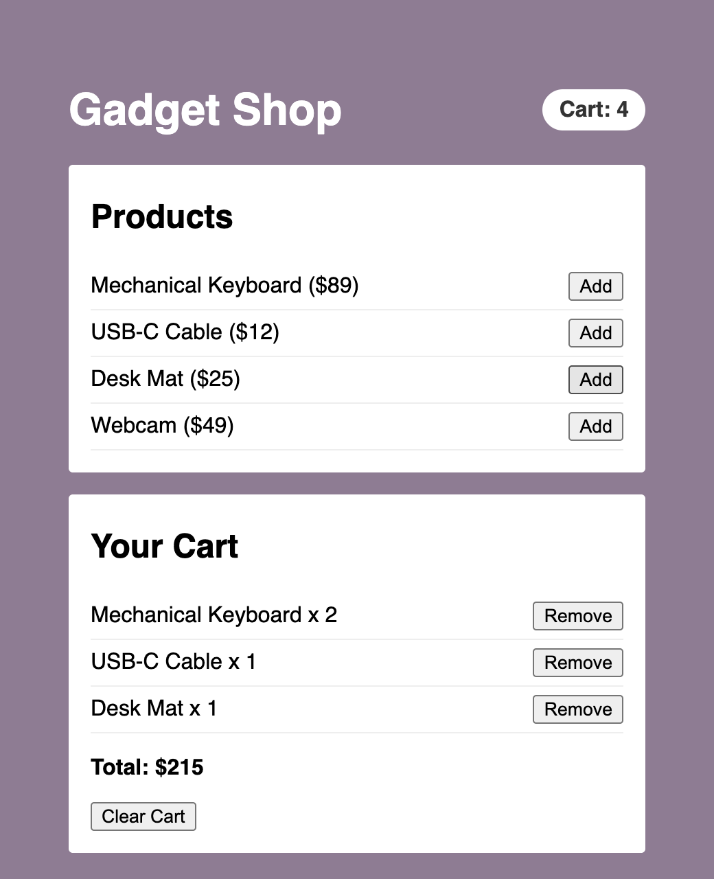 The Gadget Shop app. A header with a Cart: 4 badge, a Products panel with four products and Add buttons, and a Your Cart panel listing three items with Remove buttons, a total of $215, and a Clear Cart button.